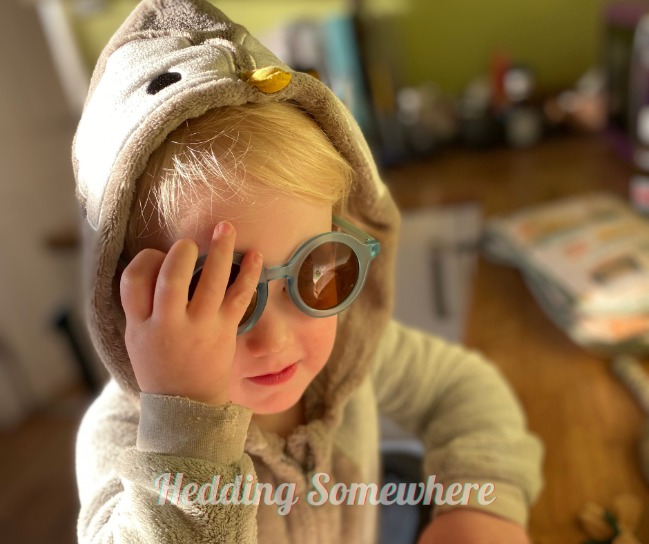 image of a child with blue sunglasses in a grey penguin onesie